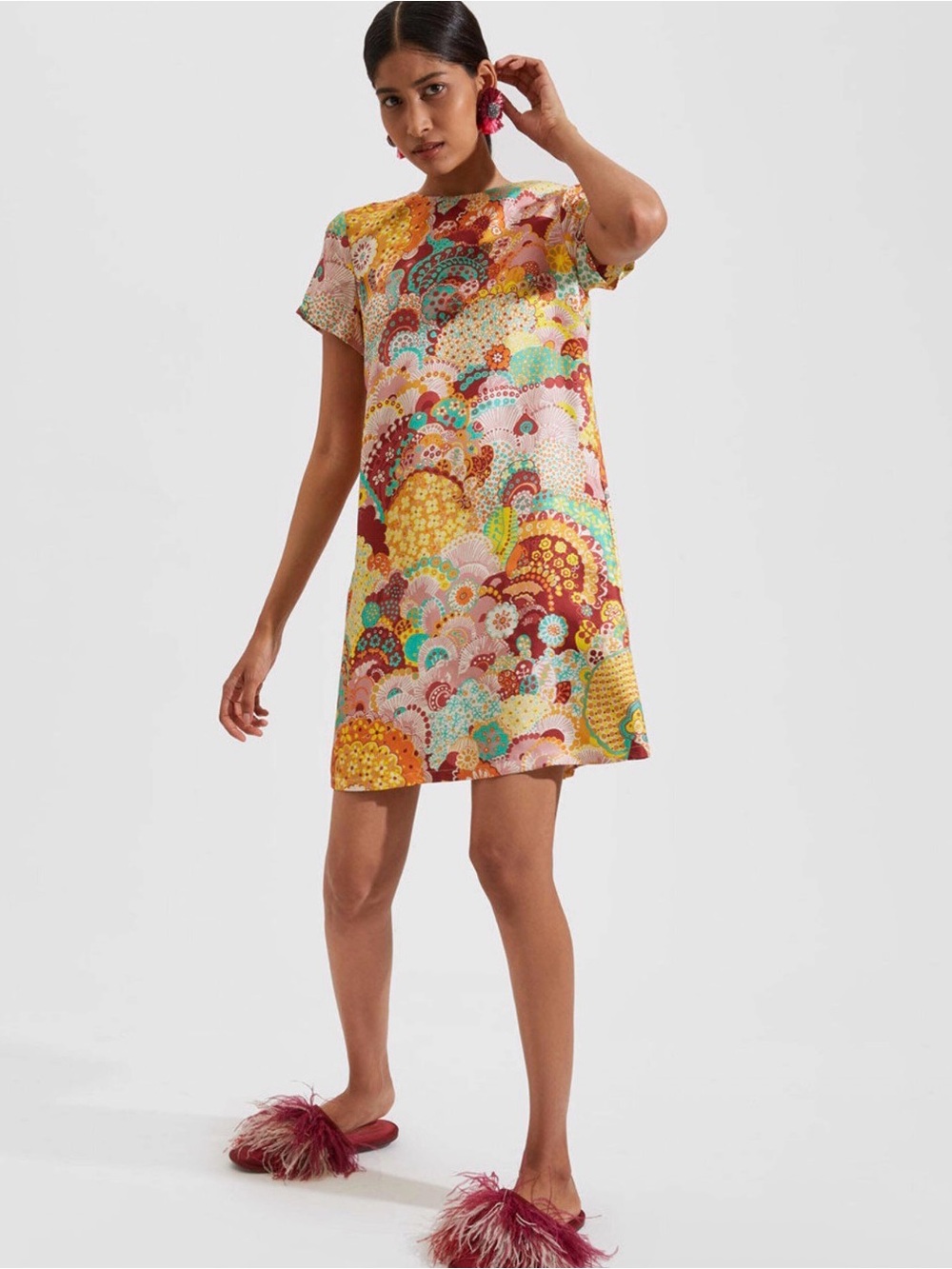 La DoubleJ Twill Silk Mini Swing Dress Short Sleeve Holi Yellow Multi Size XS
